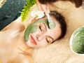 Woman having clay facial mask apply by beautician.